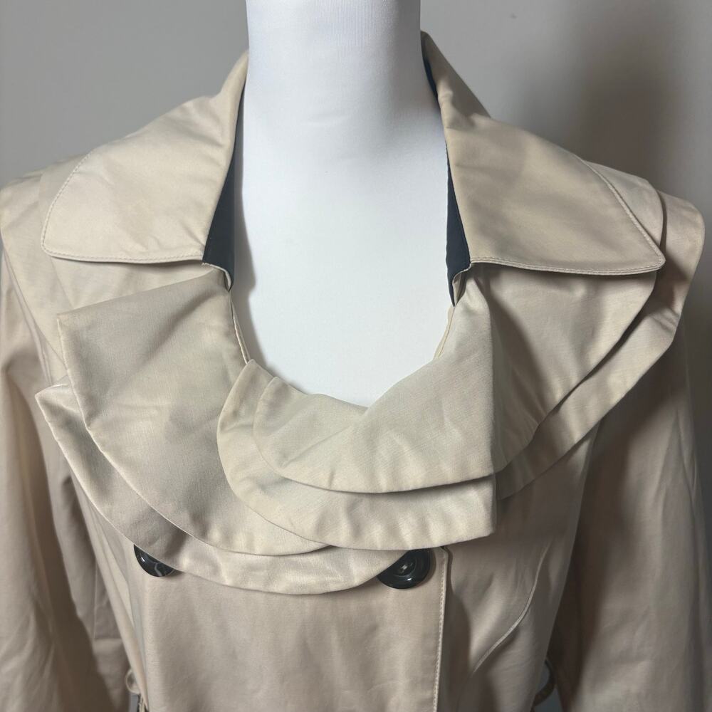 Betsey Johnson Trench Coat Womens Sz L Beige Ruffle Collar Leopard Lining Belted - Picture 7 of 12